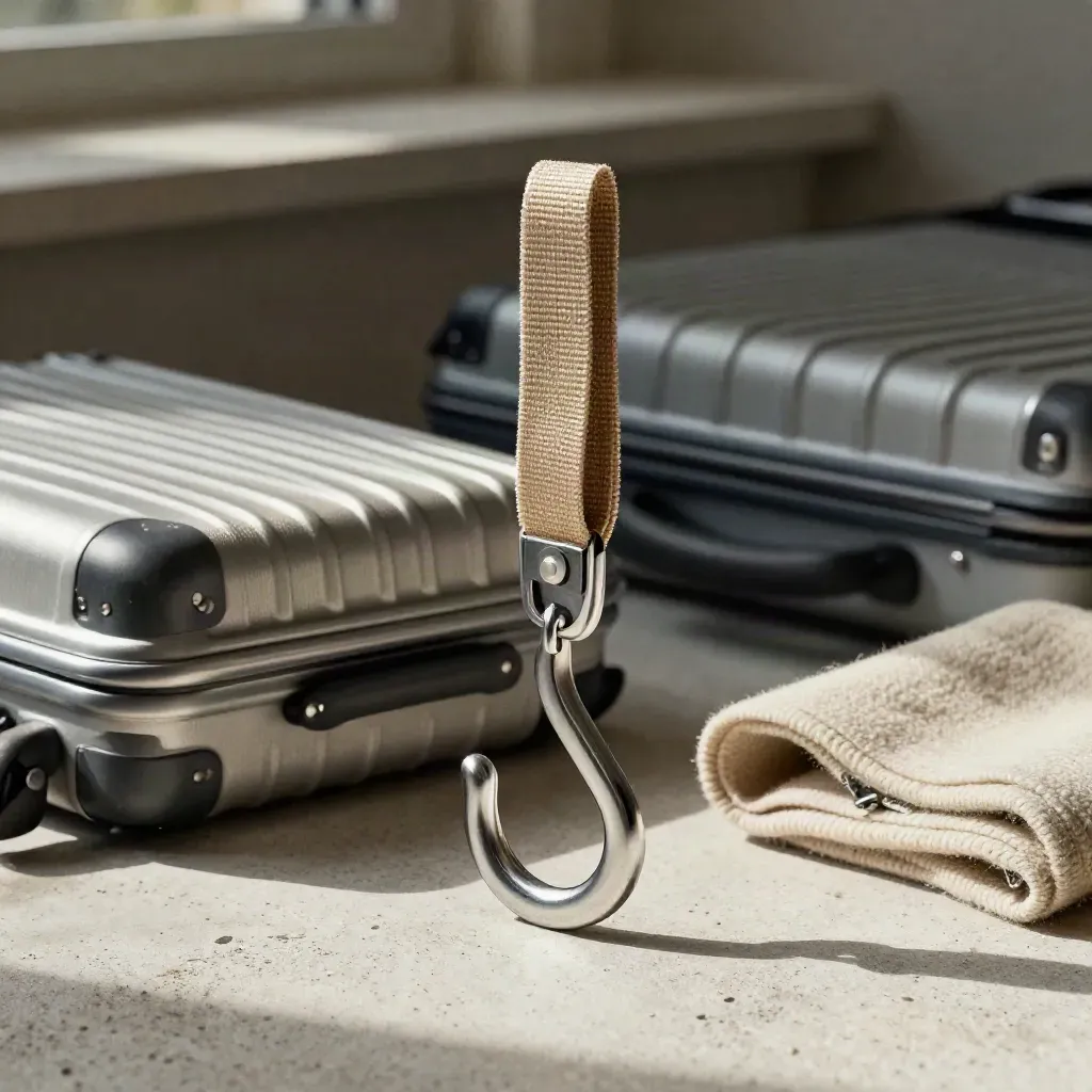 Silver baggage scale hook beside a cabin case corner and folded wool wrap on pale concrete.