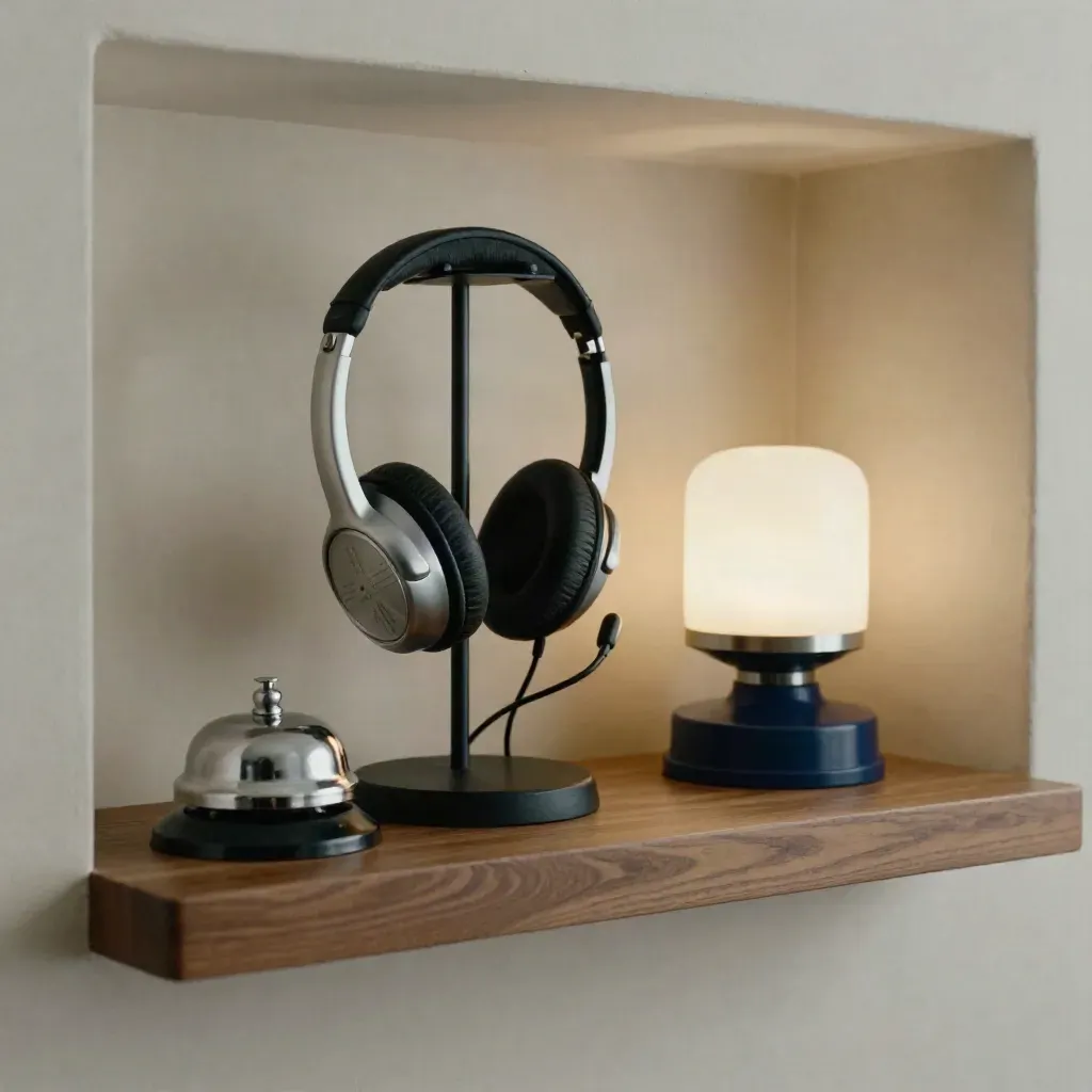 Headset, service bell, and route lamp on a walnut shelf, softly lit in a calm airline help vignette.