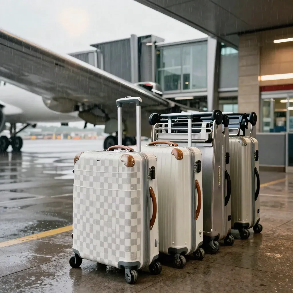 White suitcases and a jet bridge in light drizzle at a boarding stand, low angle.