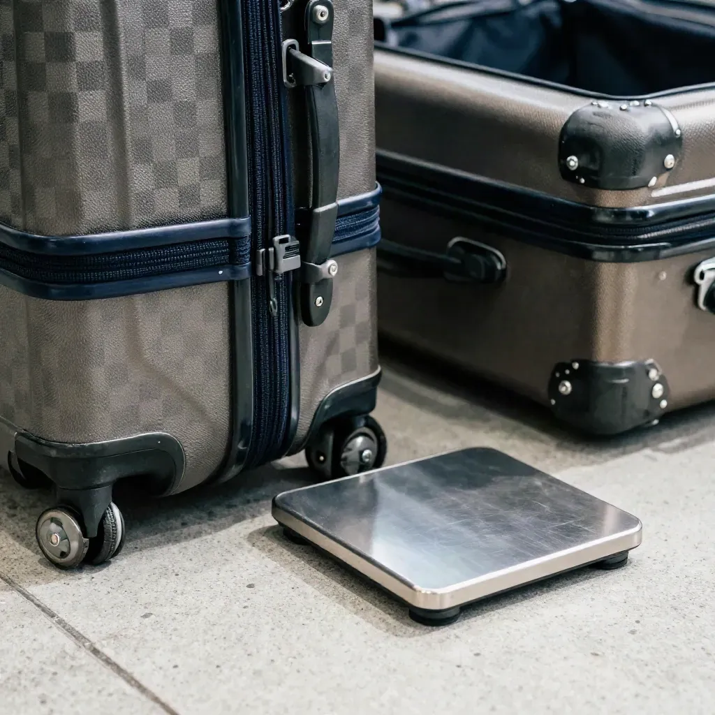 Carry-on case, checked trunk and luggage scale on concrete in a premium airline baggage scene.