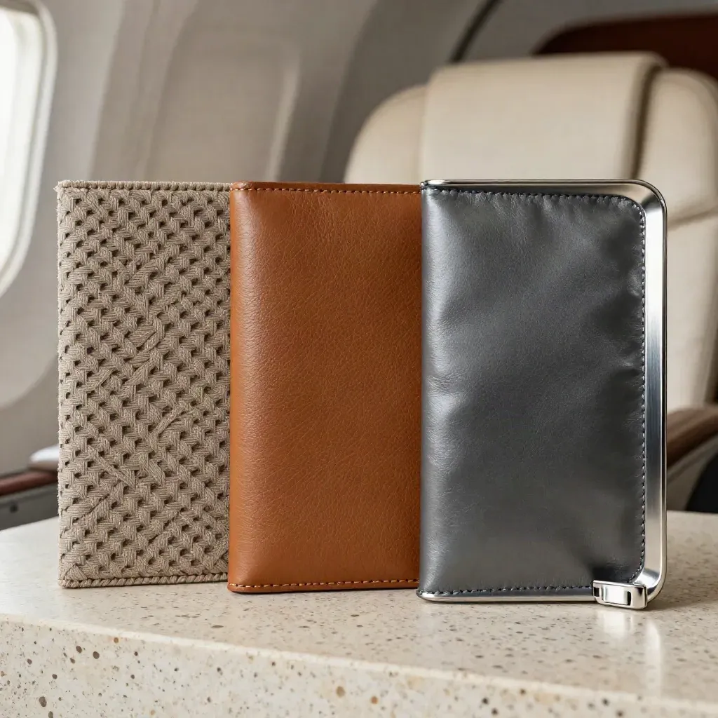 Cabin material samples for economy, premium and business fare classes on travertine