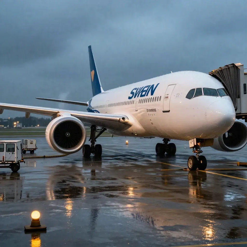 Wide-body jet at gate in blue hour rain, boarding bridge and apron lights on wet concrete.