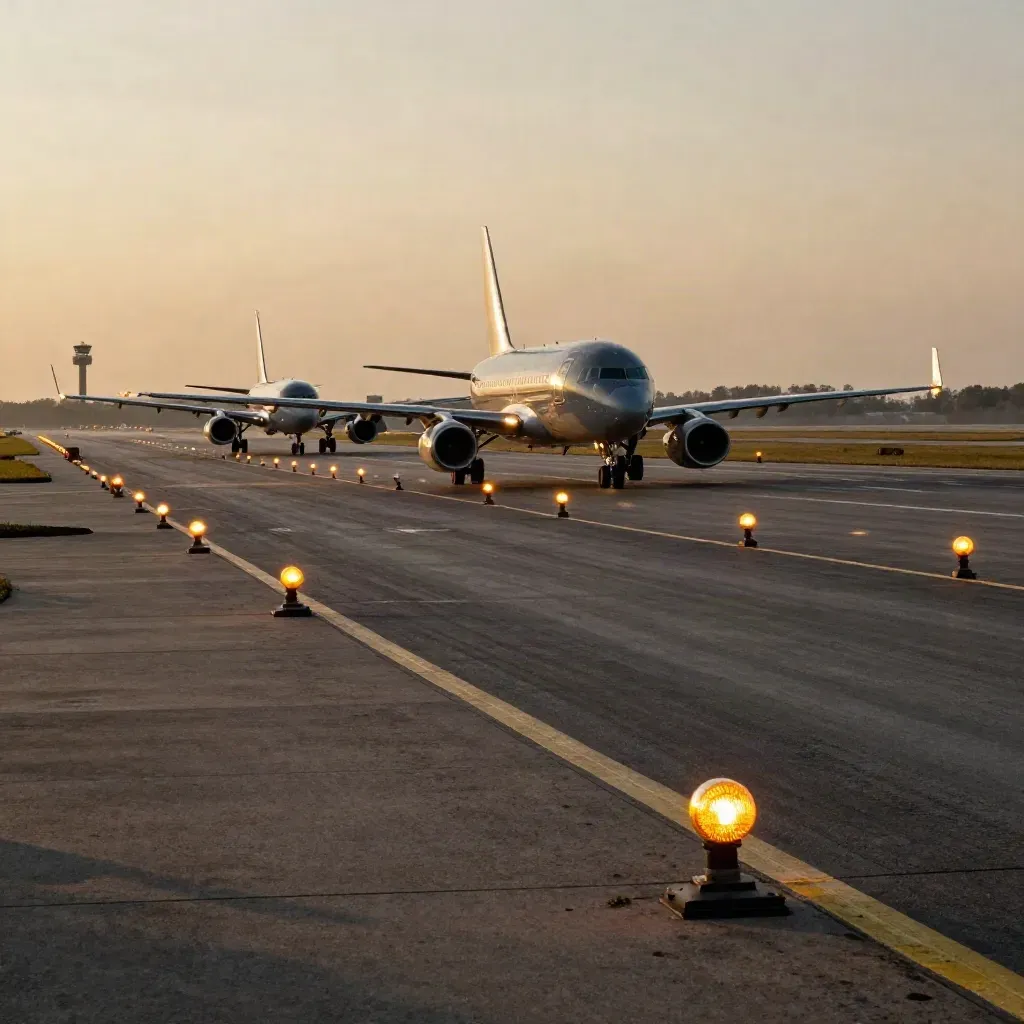 Taxiing aircraft under amber runway lights with a control tower at dusk.