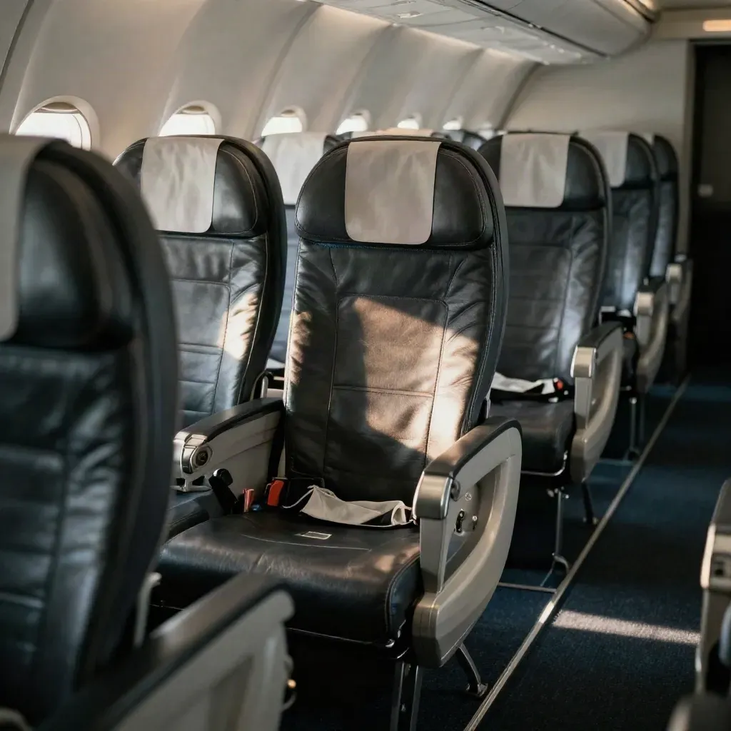 Empty premium aircraft row with window and aisle seats, warm light, calm cabin depth.
