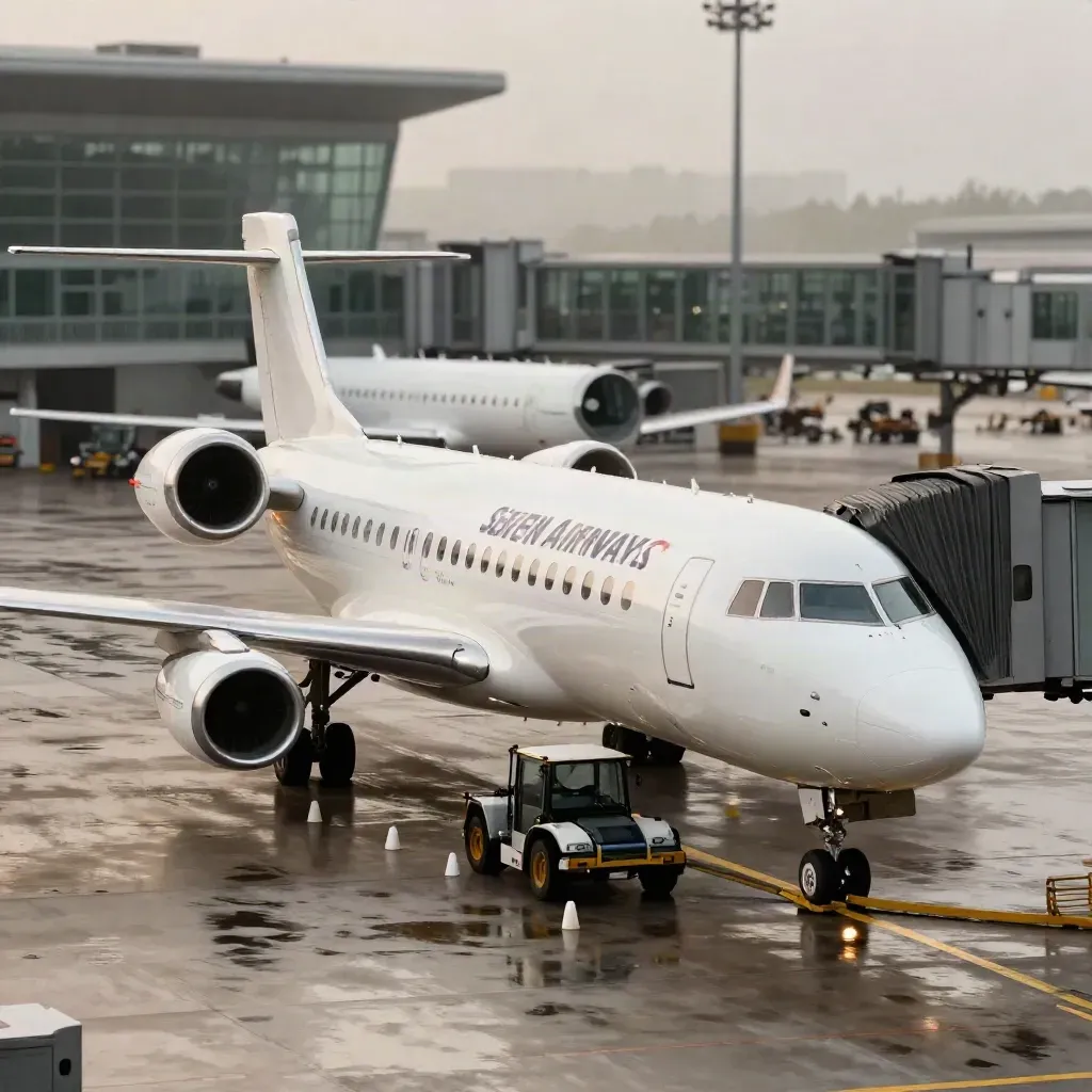 Wet apron with two parked regional jets, tractors and cones in post-rain mist at the terminal.