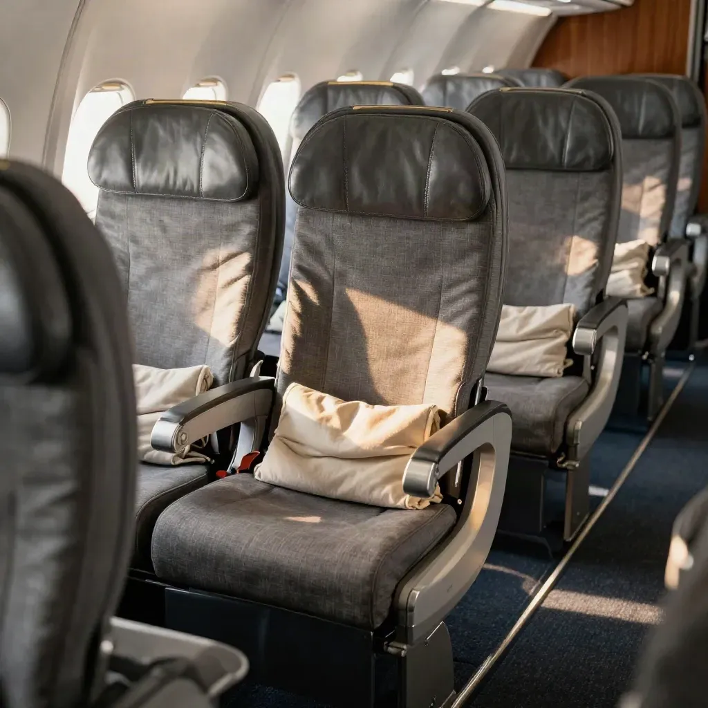 Empty aircraft cabin seats with folded blankets glowing in warm late-afternoon light.
