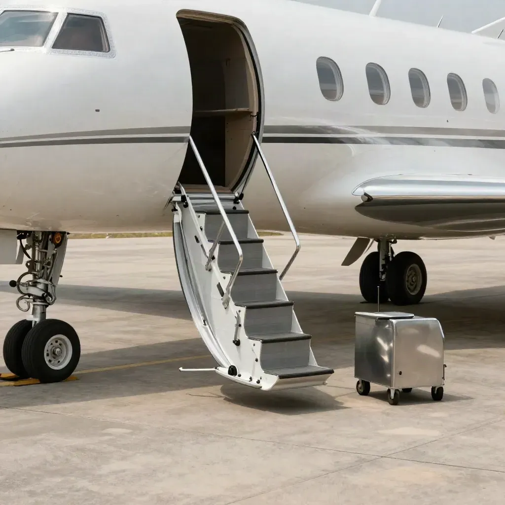 Low-angle private jet with staged stairs and fuel cart on a sunlit apron.