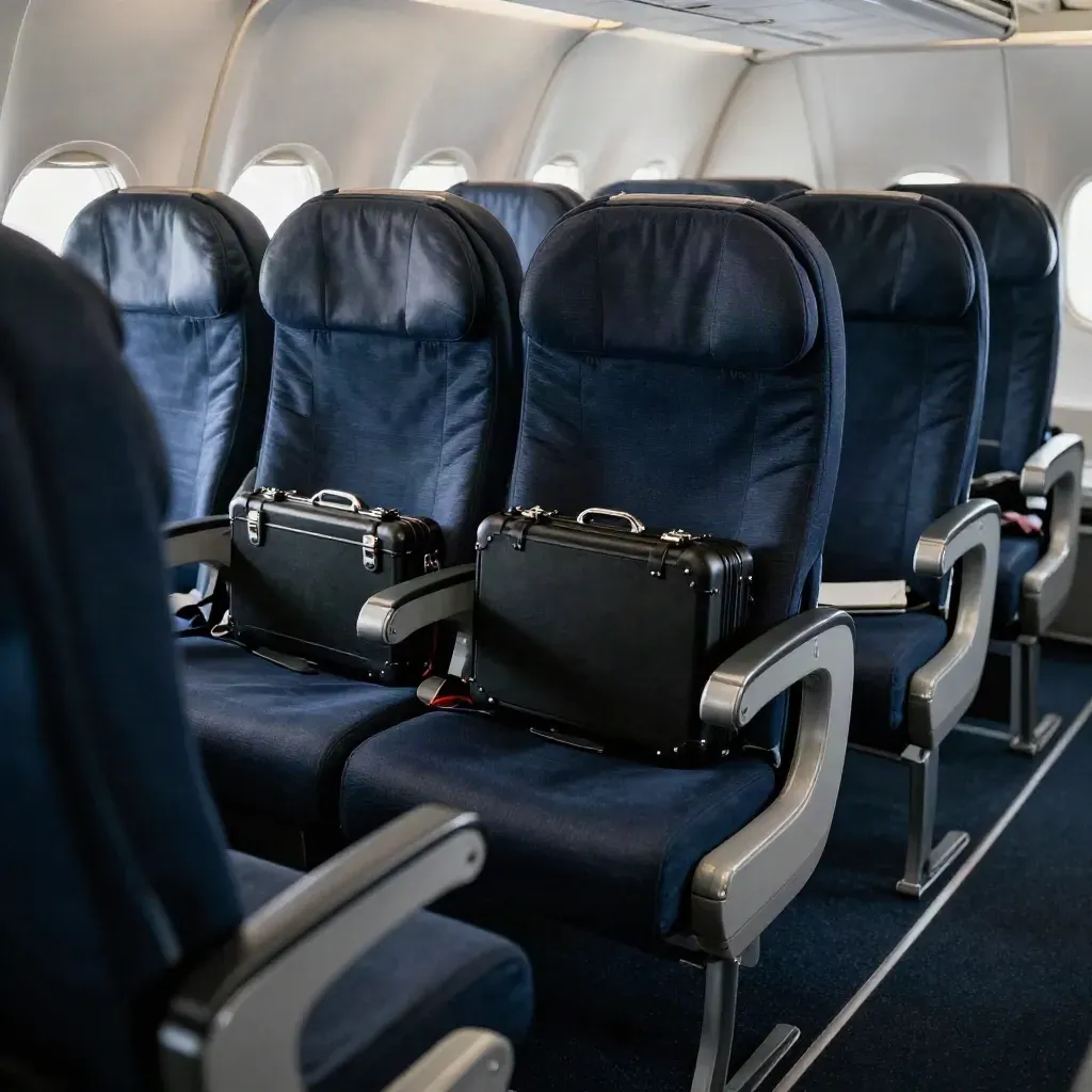 Empty navy cabin rows with hard-shell instrument cases, staged and ready for travel.
