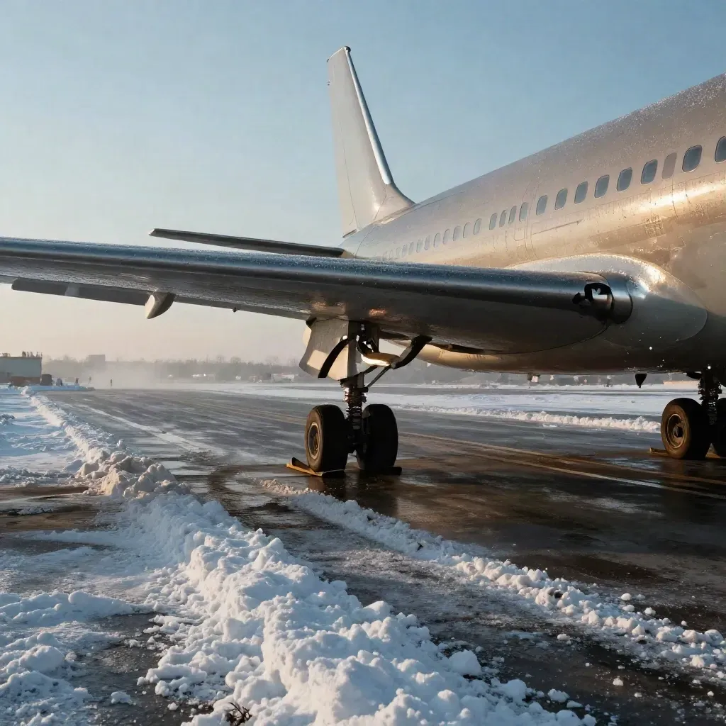 De-iced jet wing over a salted taxi lane with snowbanks and sleet haze, ready for departure.
