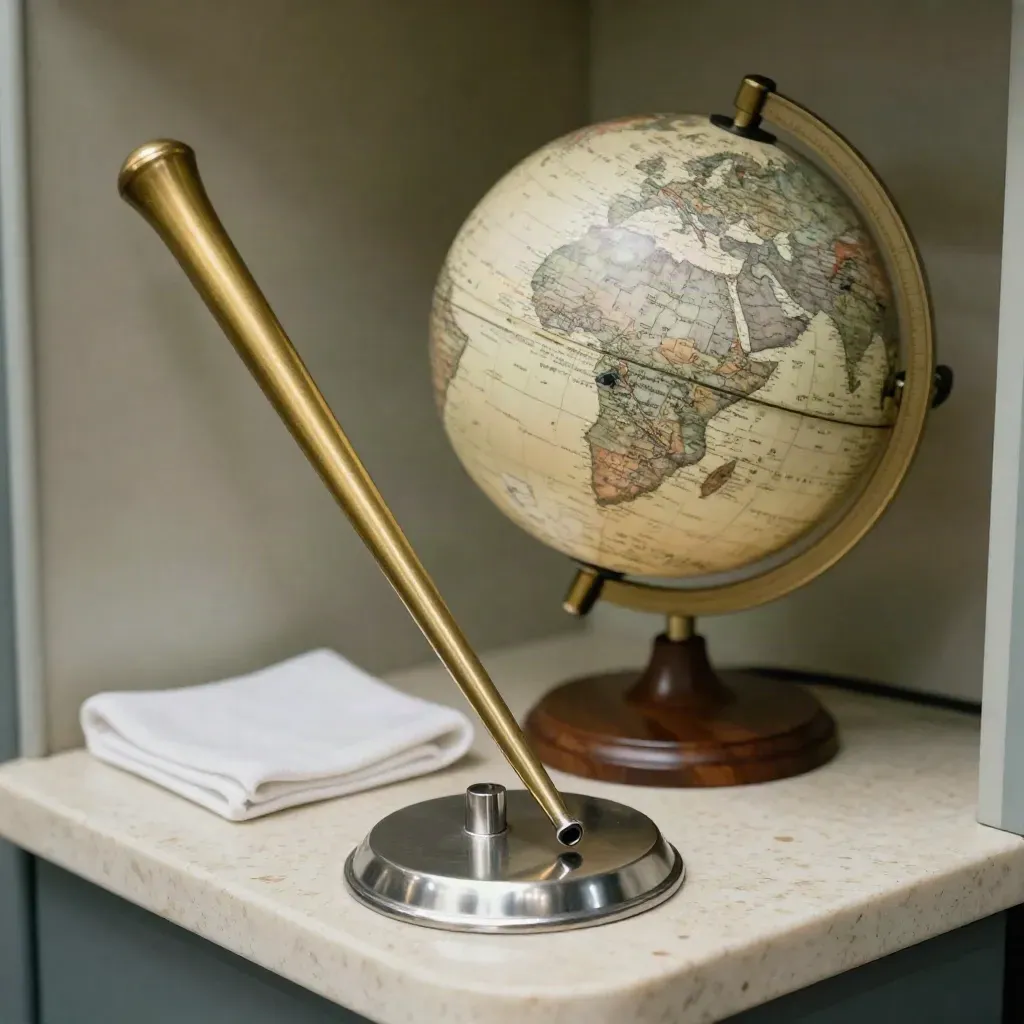 Polished headset stand, brass baton, and compact route globe on travertine shelf
