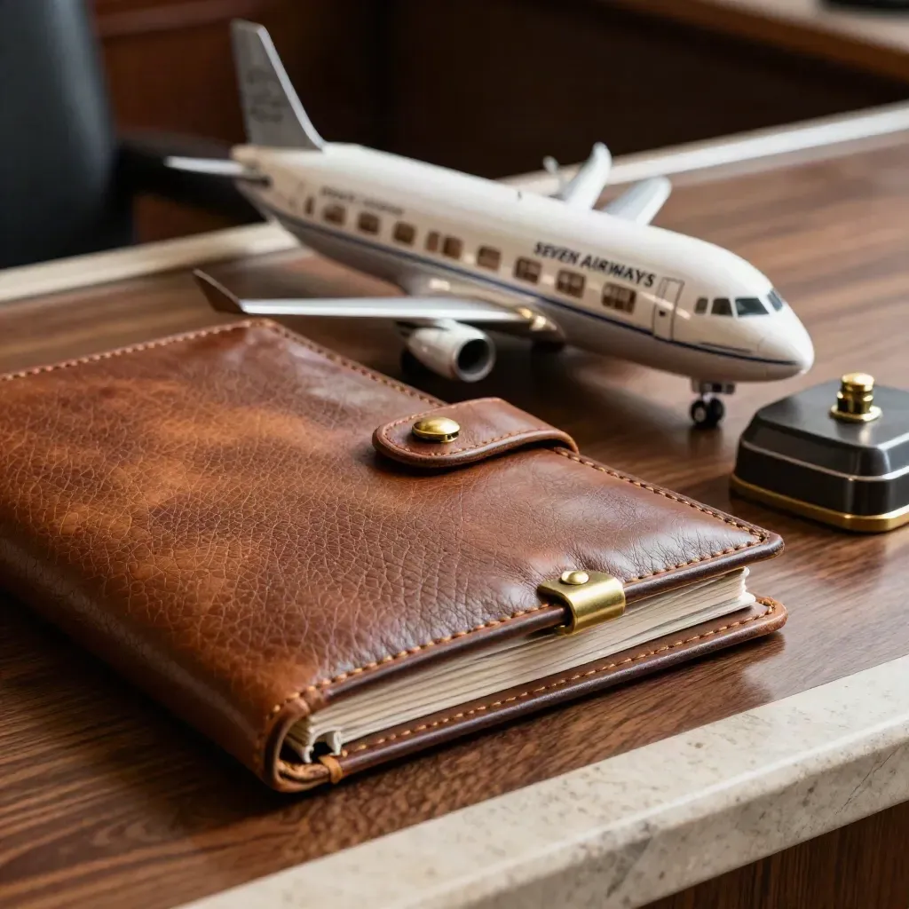 Leather flight folio, cabin model and briefing light on a warm walnut charter desk.