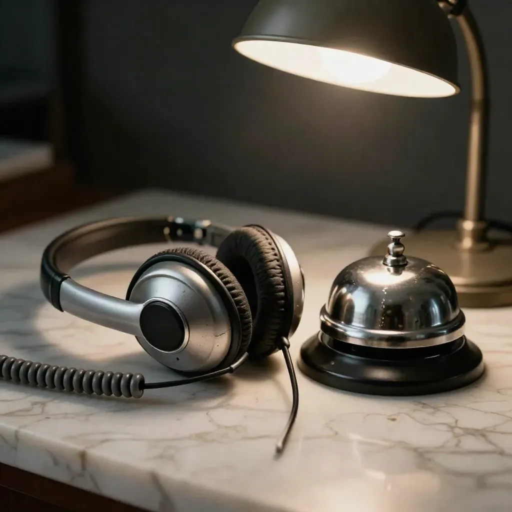 Call headset, service bell and glowing lamp on marble in a premium airline support station.