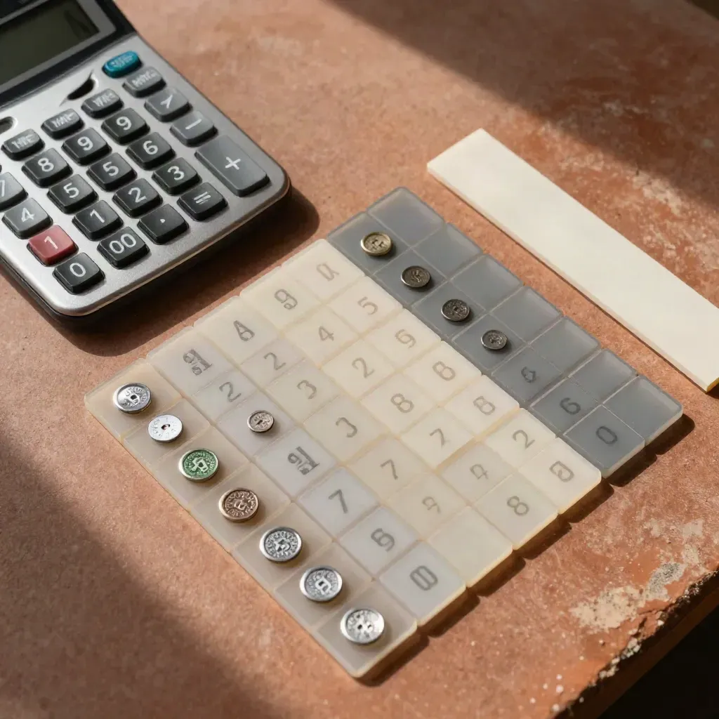 Overhead of calculator, fare tiles and route tokens on terracotta for airline pricing