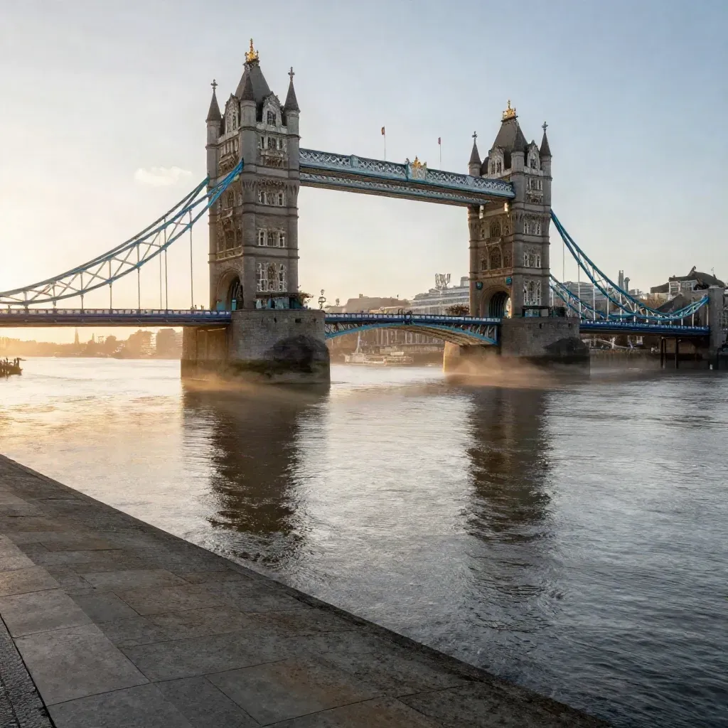 Tower Bridge over the Thames at dusk, misty wide view with calm space below