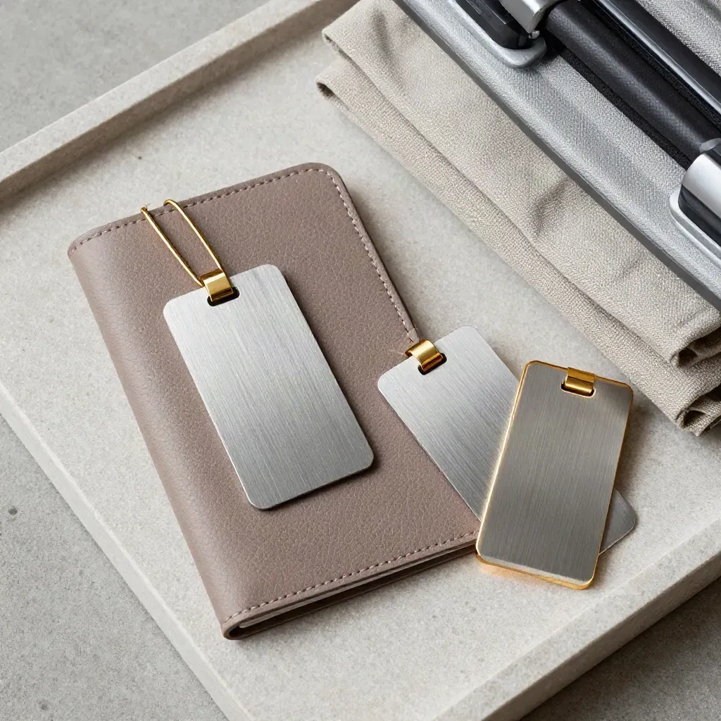 Passport sleeve, luggage tags, and suitcase scale on a stone tray