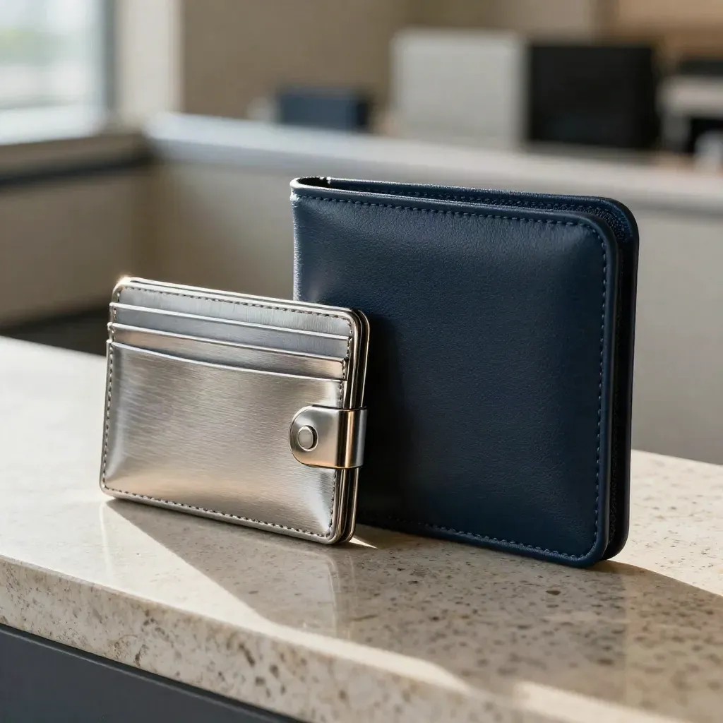 Metal card holder, seat-belt clasp and navy travel folio on limestone in soft airport light.
