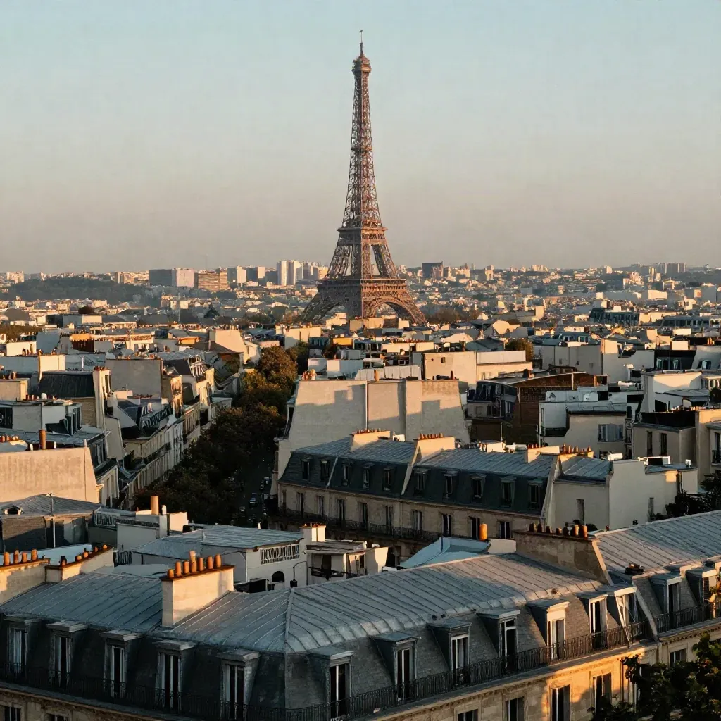 Golden-hour Paris rooftops with the Eiffel Tower rising above a calm slate cityscape.
