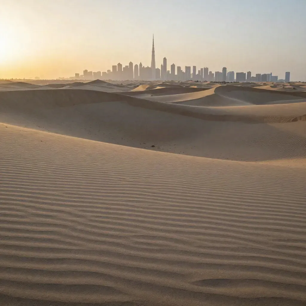 Dubai skyline over desert dunes at sunset, with soft haze and calm copy space below.