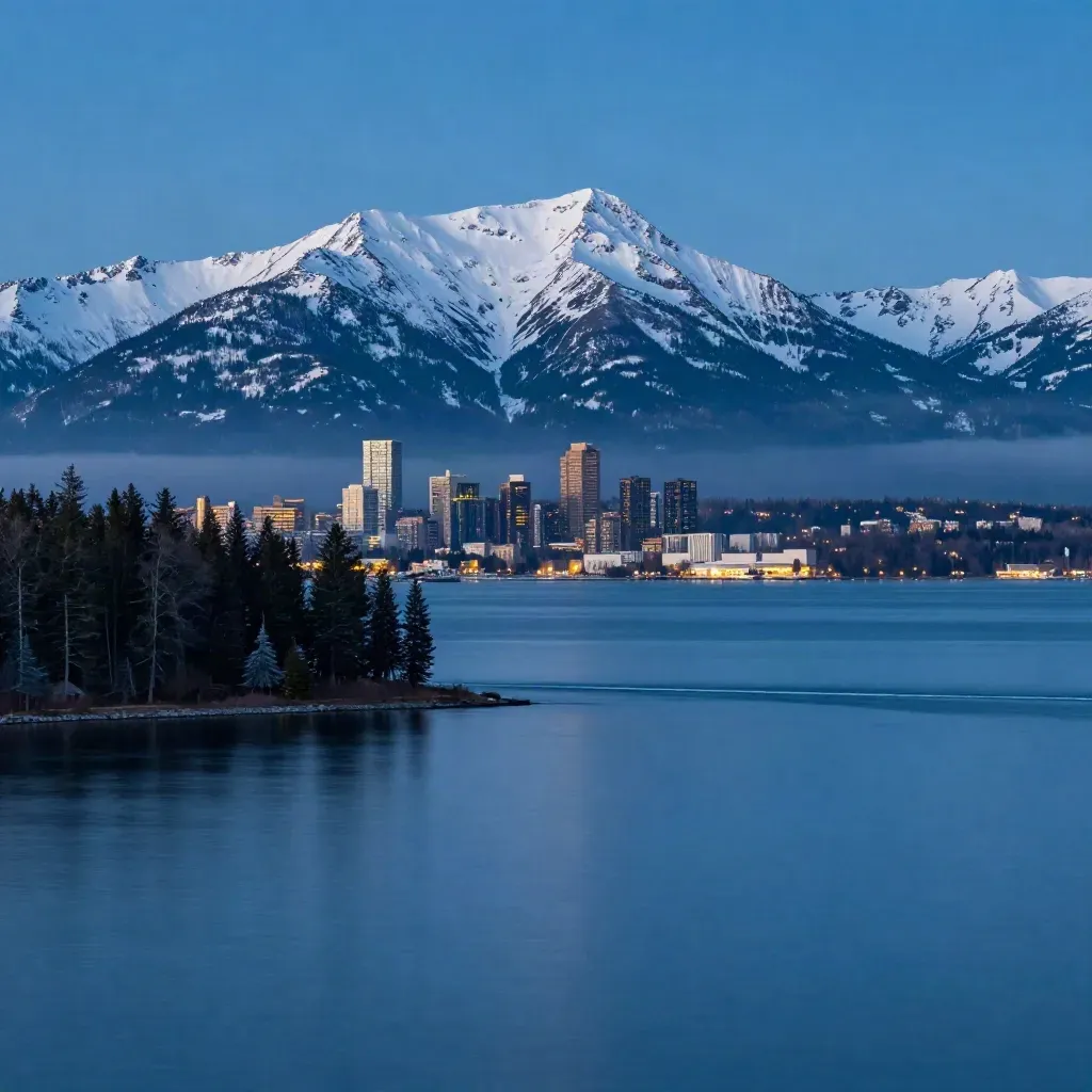Blue-hour lakefront skyline with mountain ridge and calm silvery water